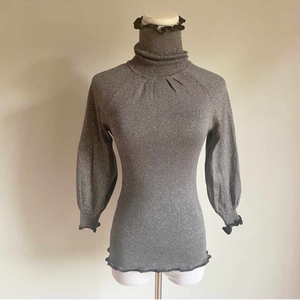 EXPRESS Design Studio Grey Glitter Knitted Turtleneck 3/4 Sleeves Sweater